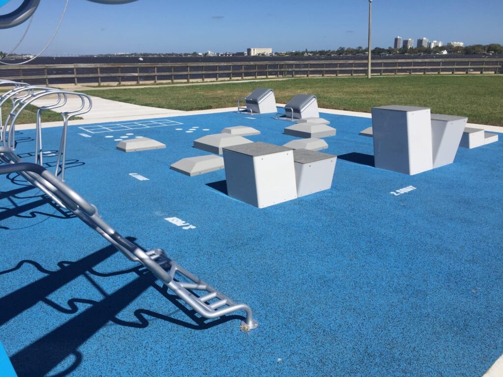 image of blue outdoor fitness center with equipment