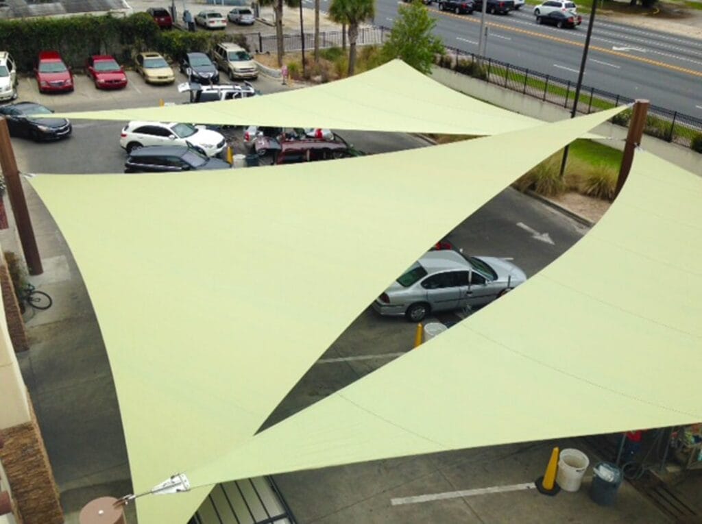 aerial image of shade structure over parked cars