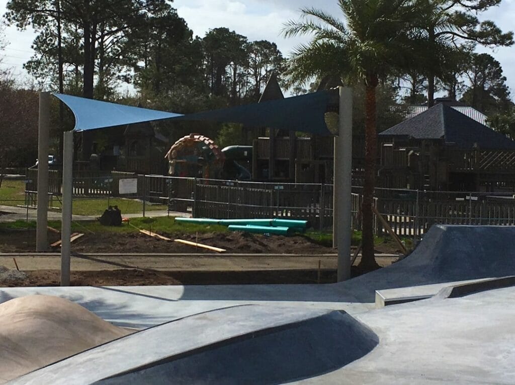 image of shade structures on edge of skatepark