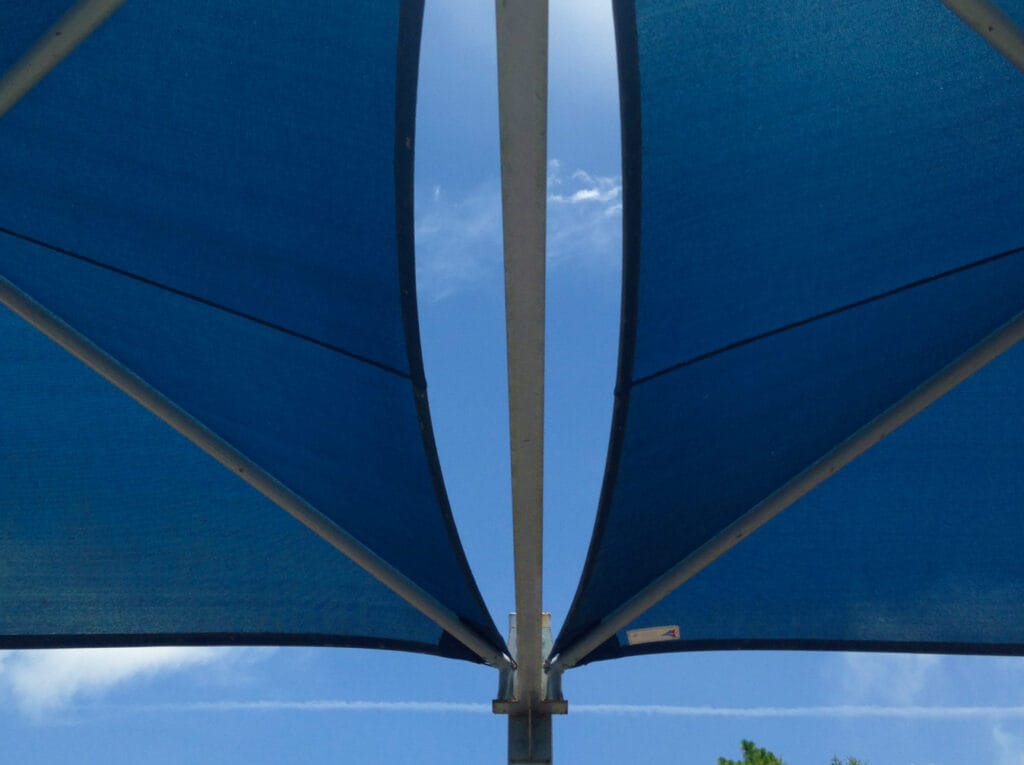 image from underneath newly installed blue shades in dugout area