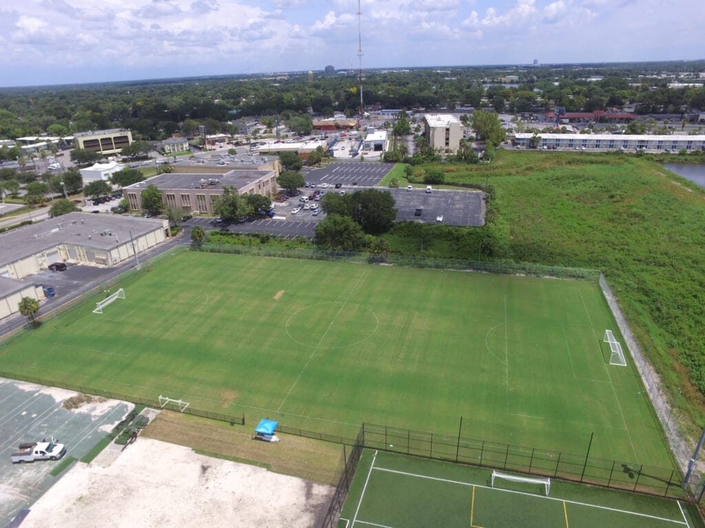 aerial image of outdoor natural grass turf soccer field