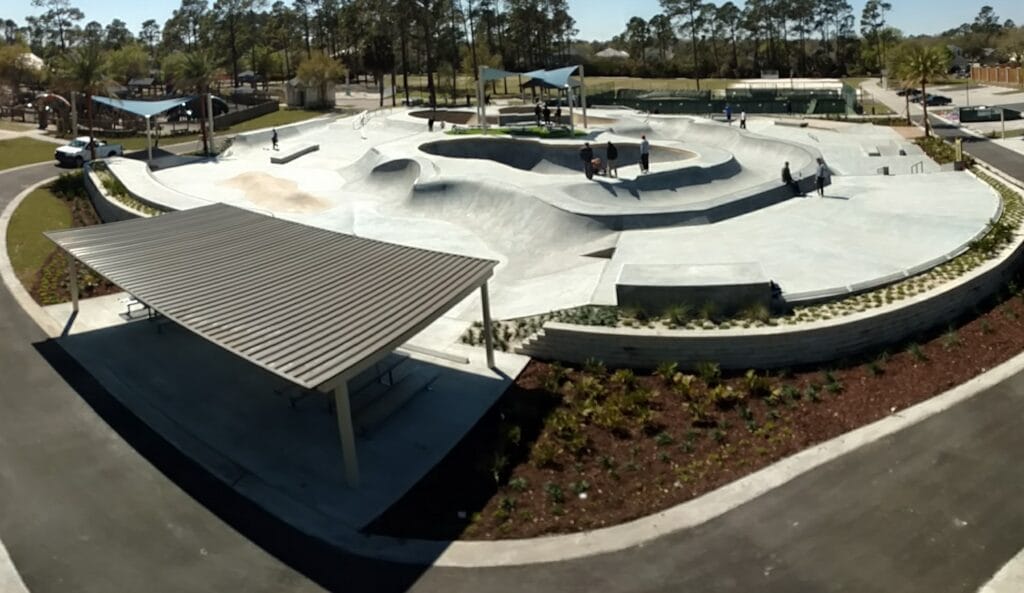 image of finished skate park with shaded pavilion