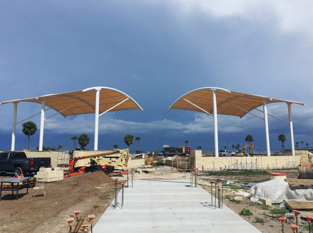 image of shade structure installation with coverings installed