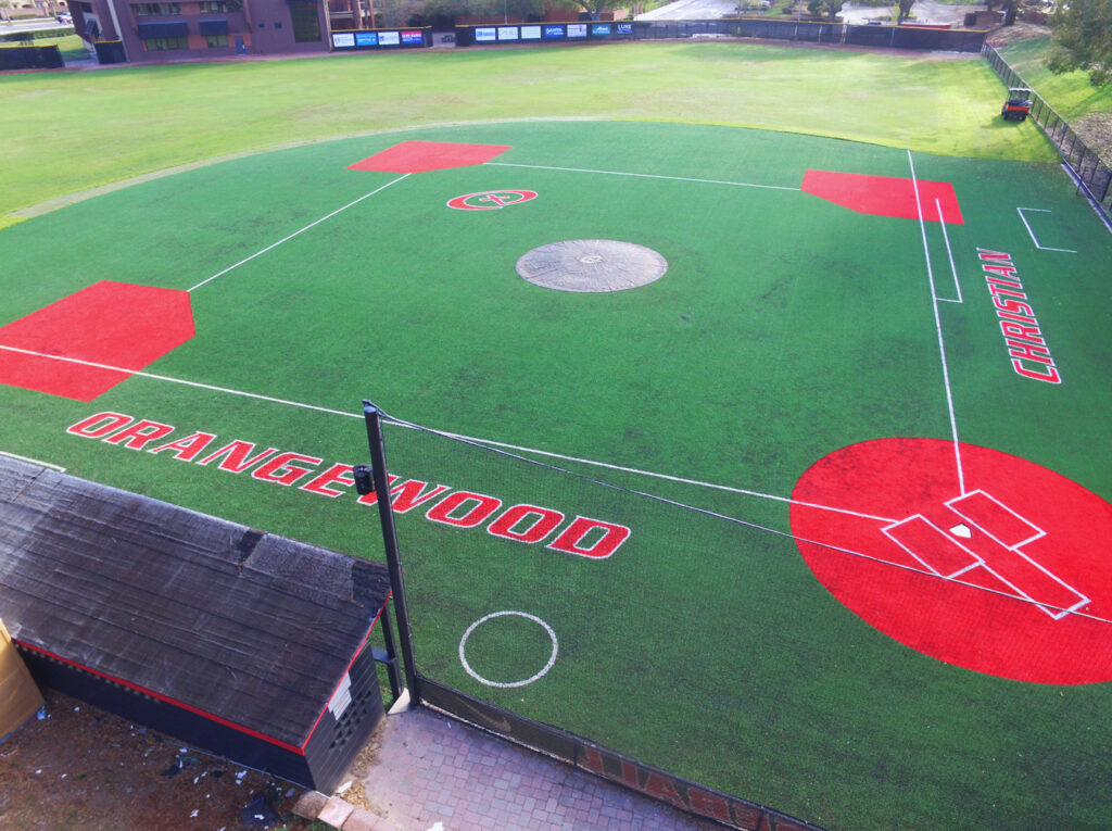 aerial image of turf baseball field for orangewood christian school
