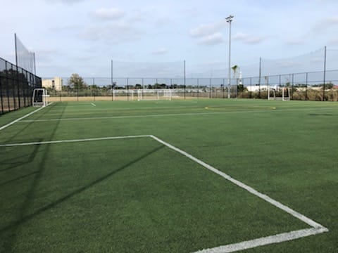 synthetic soccer field; green synthetic grass with white painted lines